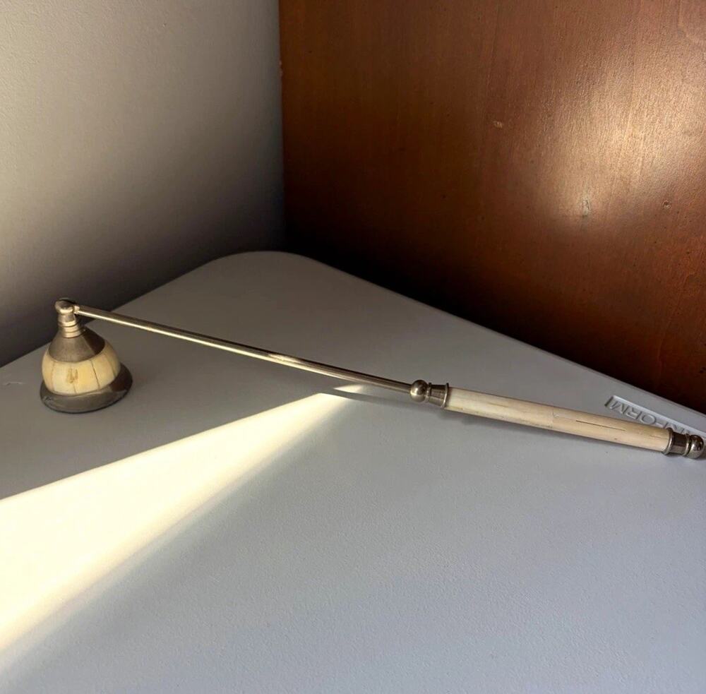Vintage Silver Metal Bone Inlay Bell Candle Snuffer Long Handle Freestanding